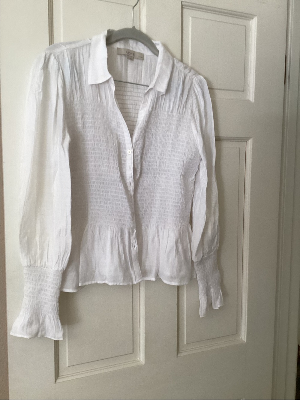 LOFT White Smocked Button-Down Peplum Blouse
